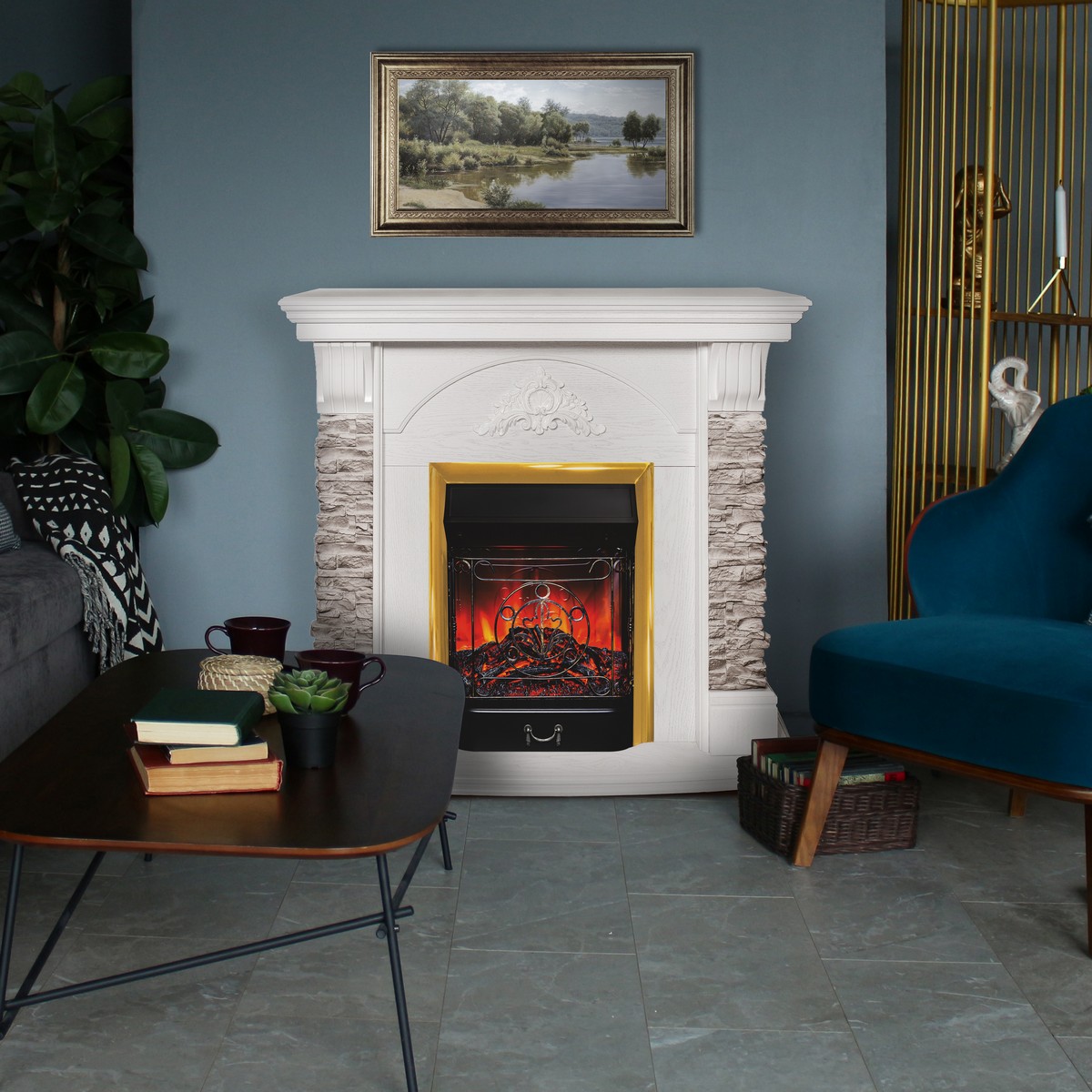 Электрический камин RealFlame Athena GR WT с очагом Majestic Lux Brass